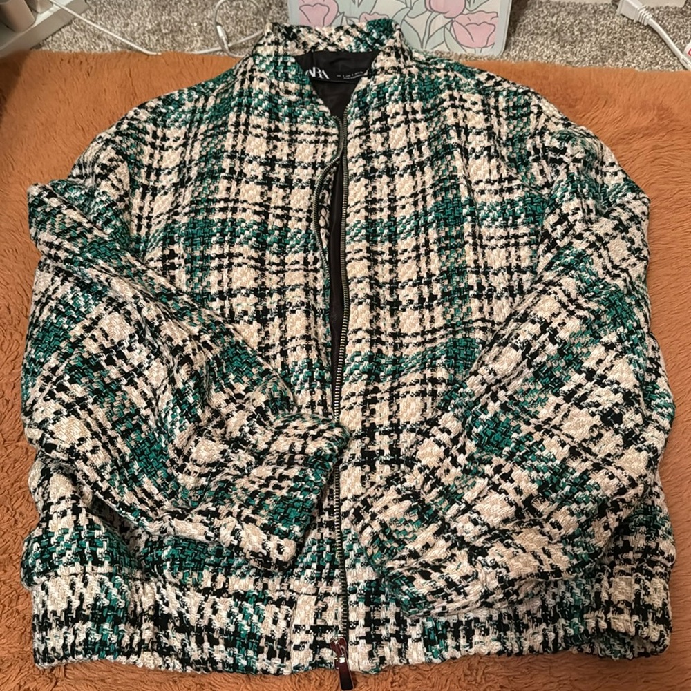 Zara plaid texture bomber jacket